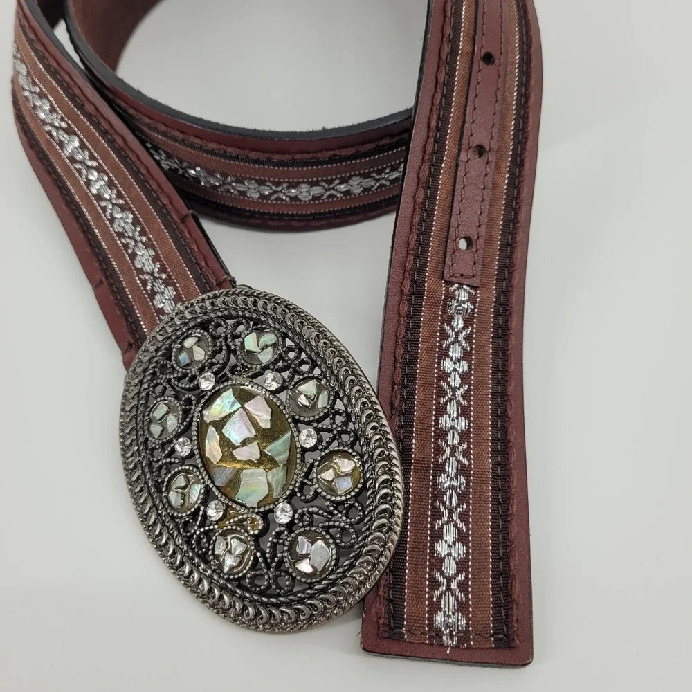 Womens Brown Leather Western Belt XL Silver Embroidered Mosaic Boho Eclectic